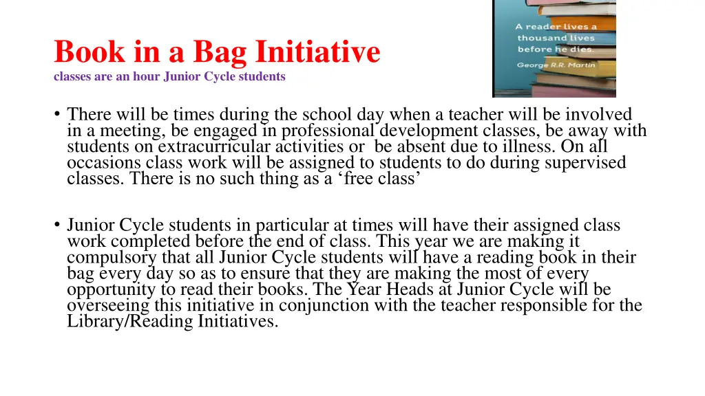 book in a bag initiative classes are an hour