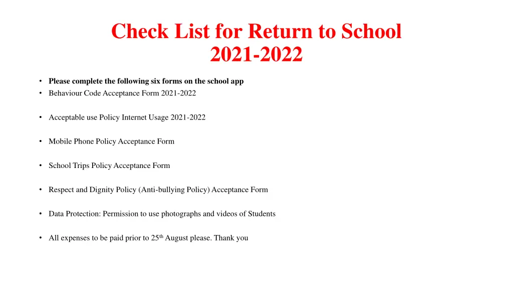 check list for return to school 2021 2022