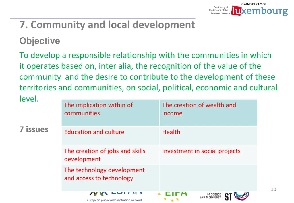 7 community and local development objective