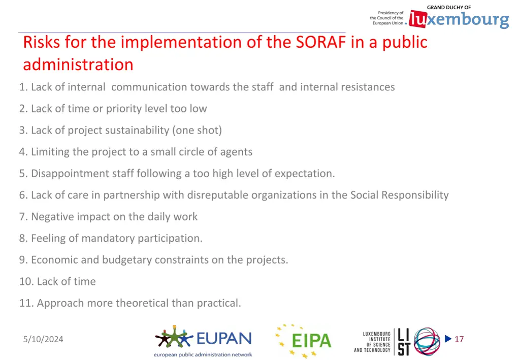 risks for the implementation of the soraf