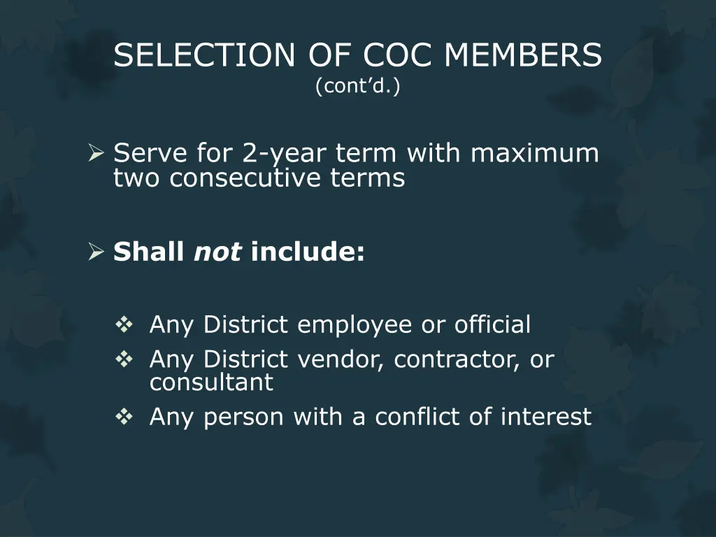 selection of coc members cont d