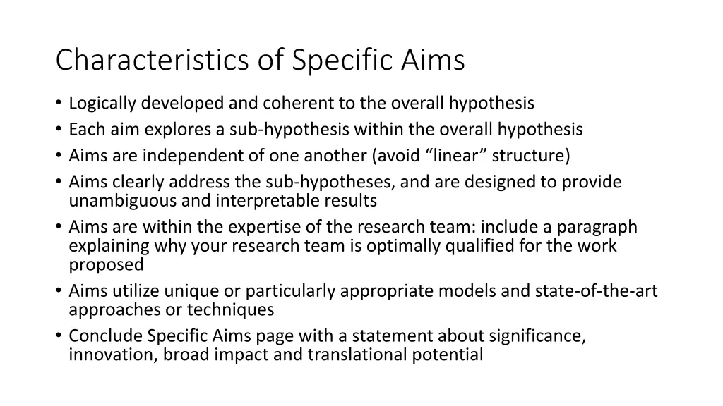 characteristics of specific aims