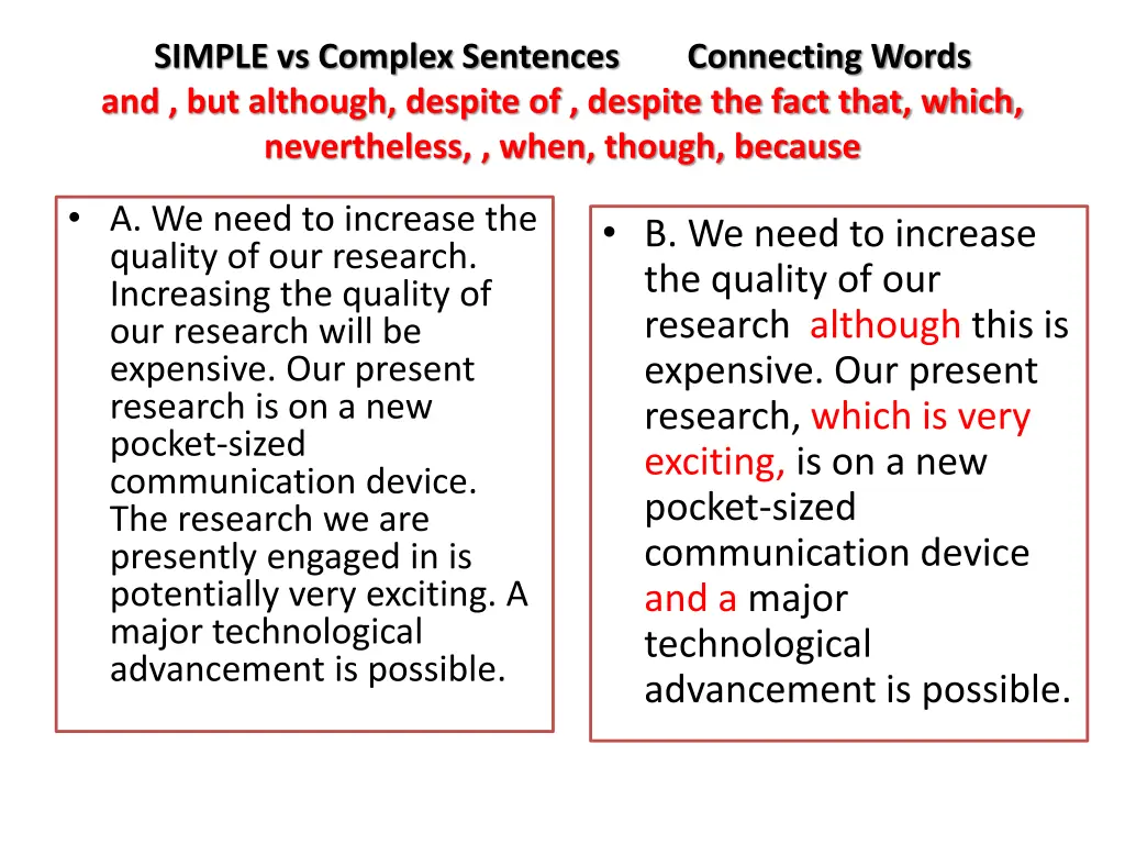 simple vs complex sentences connecting words