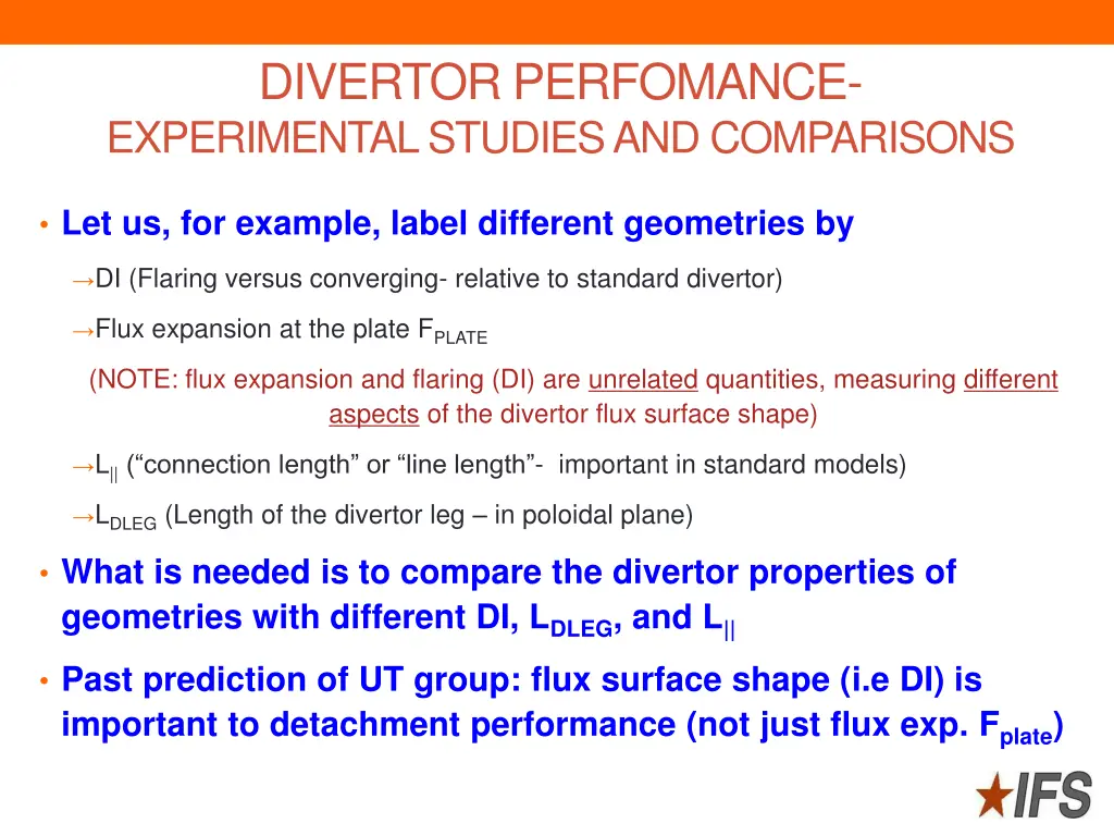 divertor perfomance experimental studies