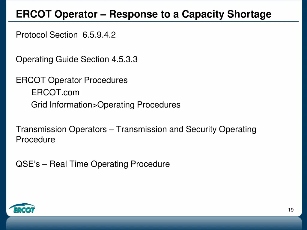 ercot operator response to a capacity shortage