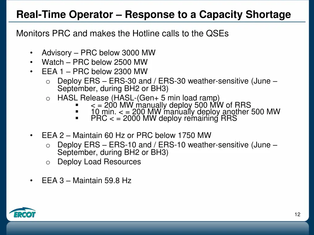 real time operator response to a capacity shortage