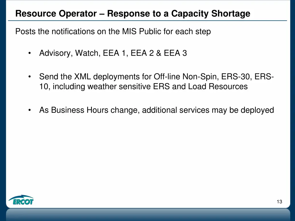 resource operator response to a capacity shortage