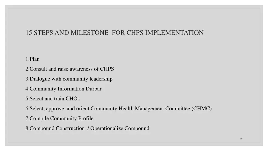 15 steps and milestone for chps implementation