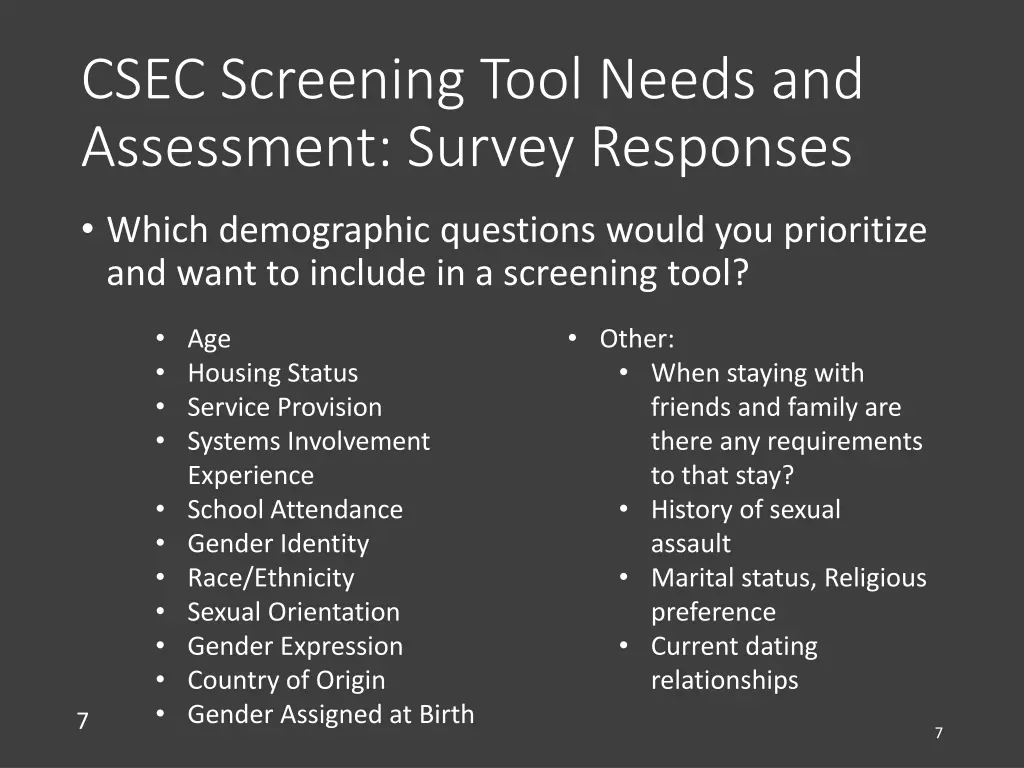 csec screening tool needs and assessment survey 2