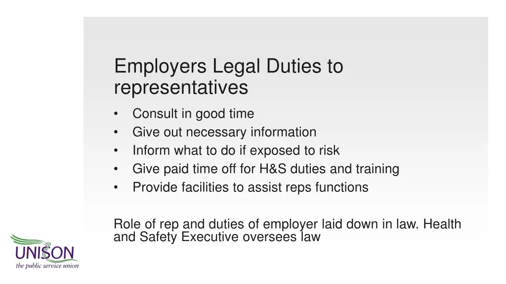 employers legal duties to representatives