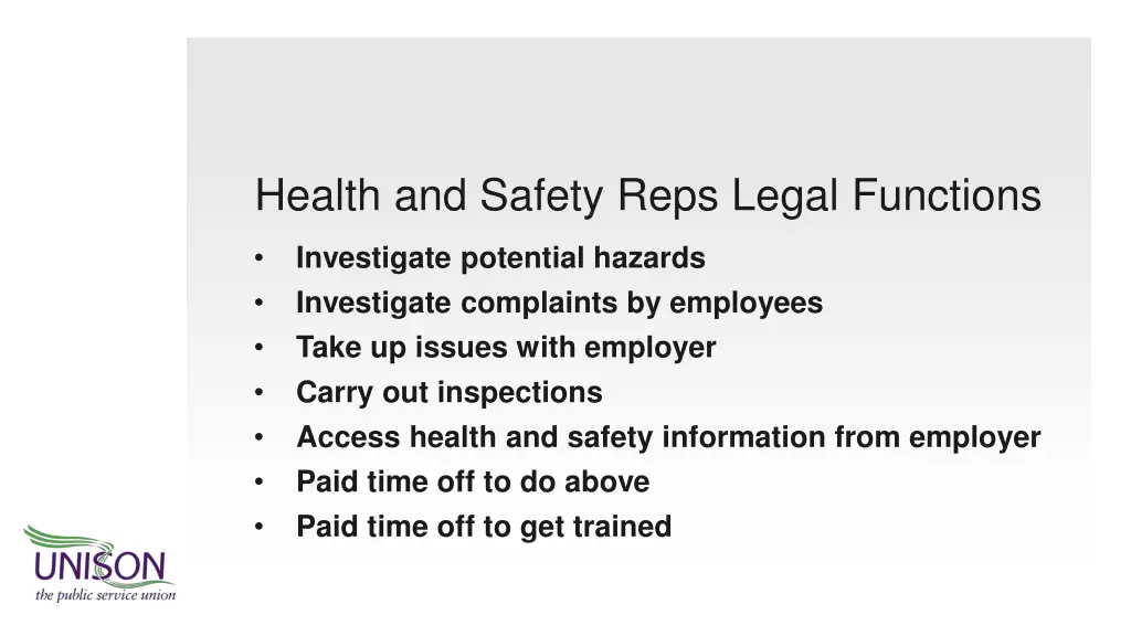 health and safety reps legal functions