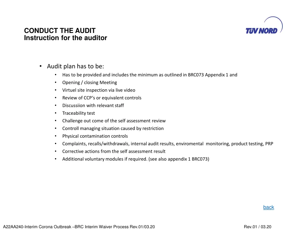 conduct the audit instruction for the auditor 1