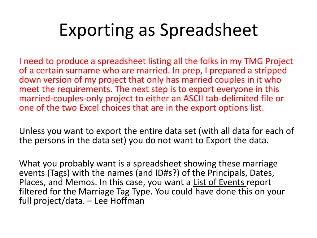 exporting as spreadsheet