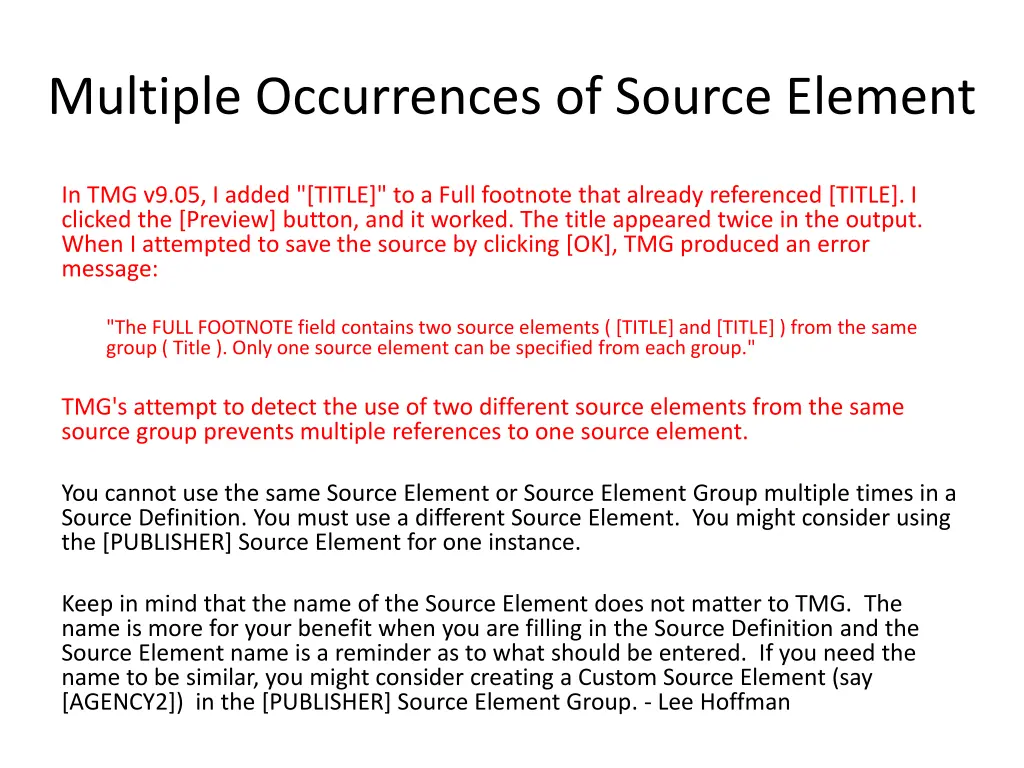 multiple occurrences of source element