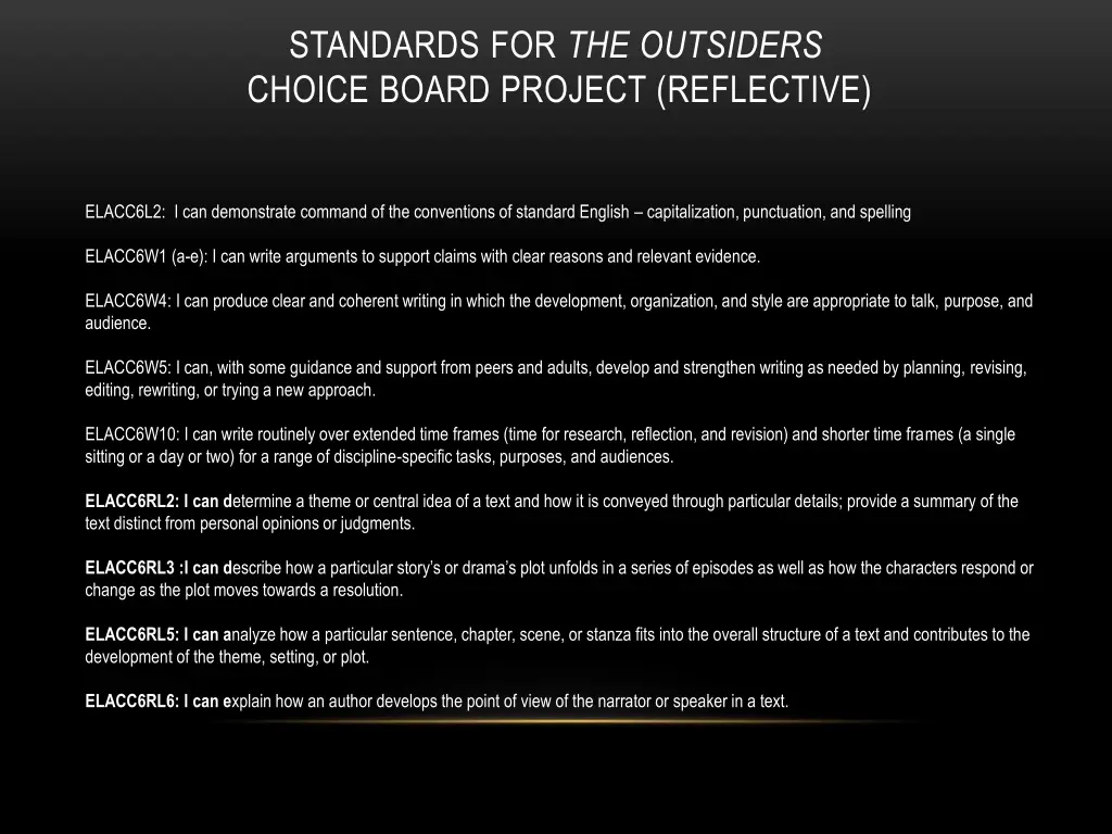 standards for the outsiders choice board project 2