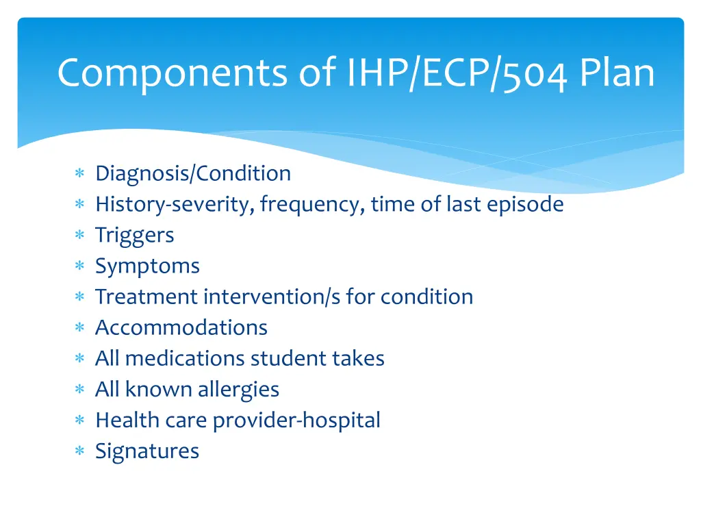 components of ihp ecp 504 plan