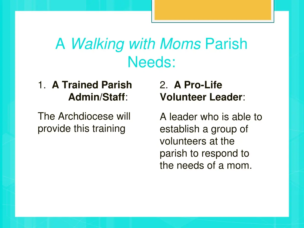 a walking with moms parish needs