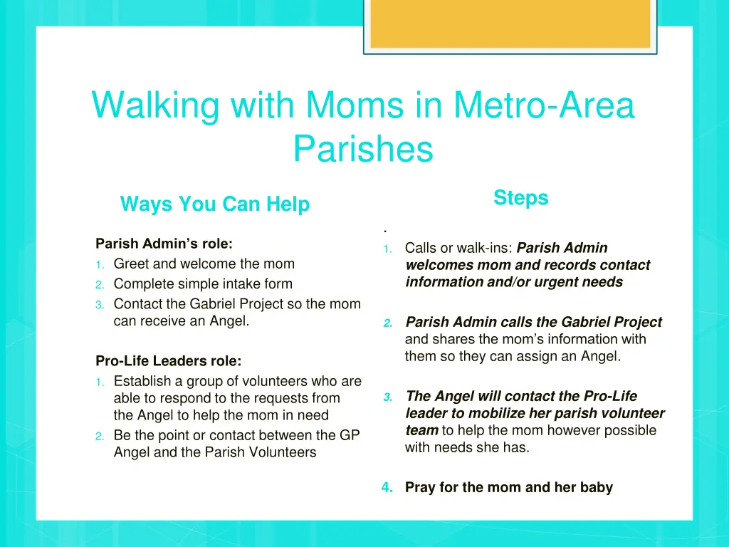 walking with moms in metro area parishes