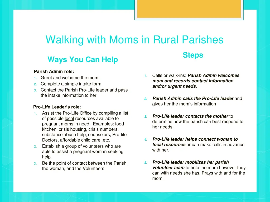 walking with moms in rural parishes