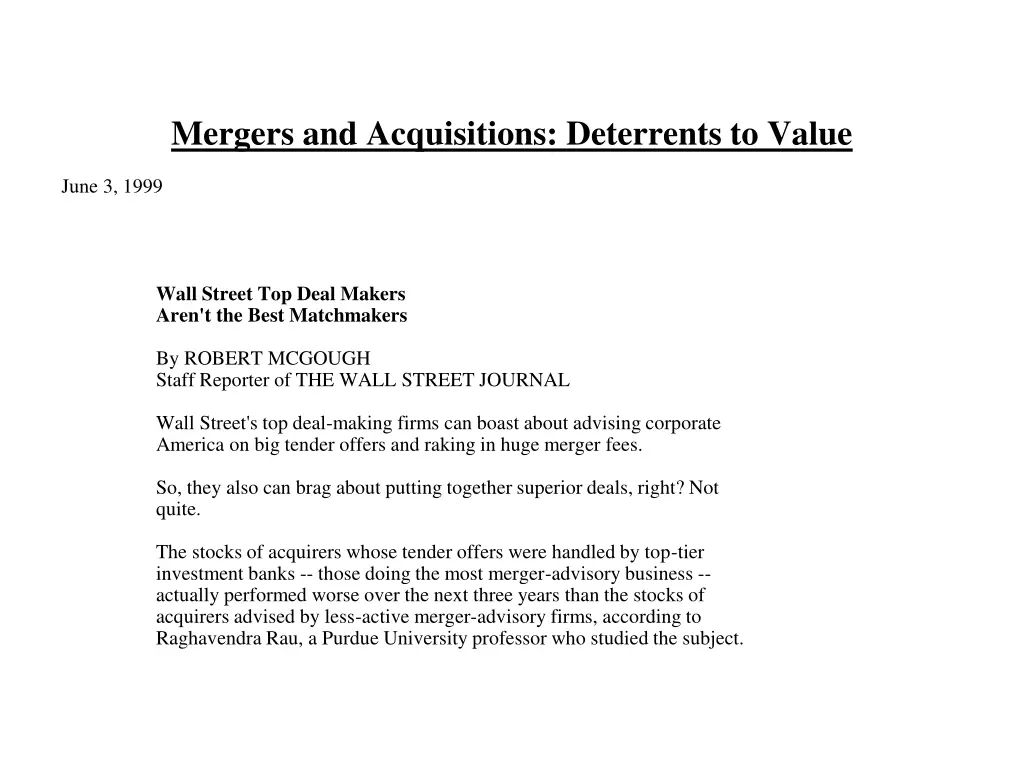 mergers and acquisitions deterrents to value