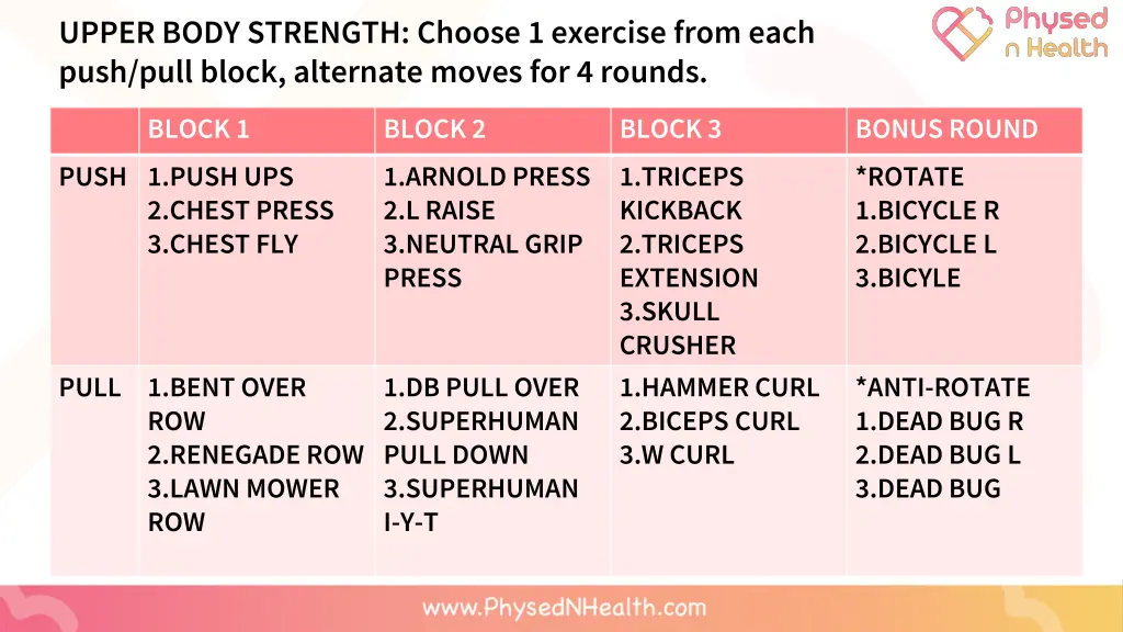 upper body strength choose 1 exercise from each