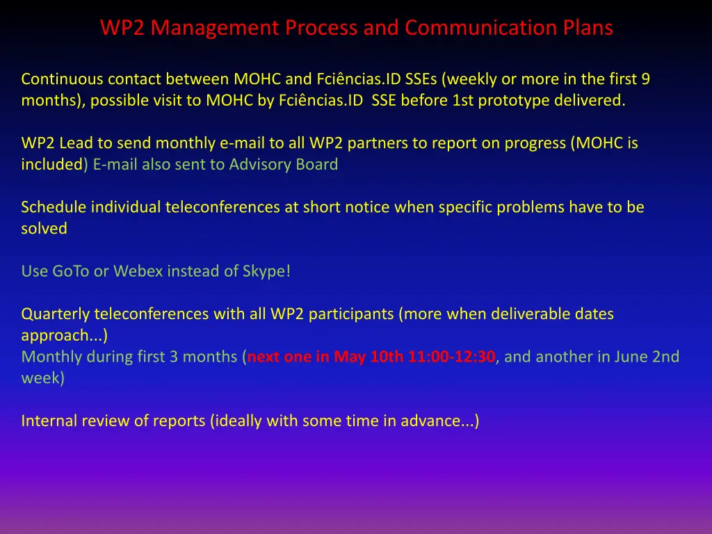 wp2 management process and communication plans