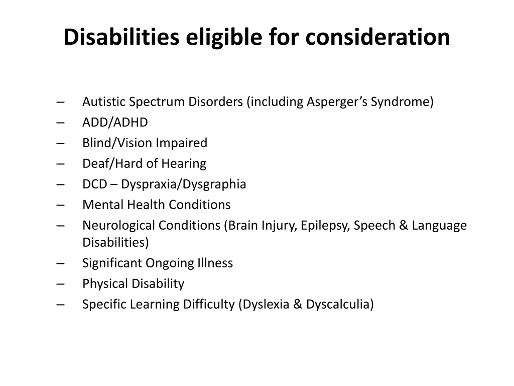 disabilities eligible for consideration