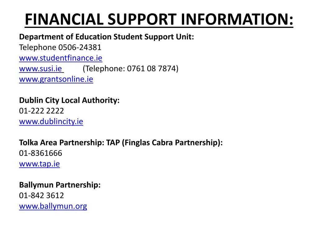 financial support information department