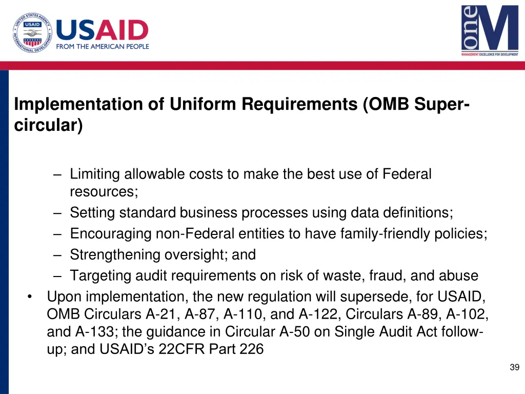 implementation of uniform requirements omb super 1