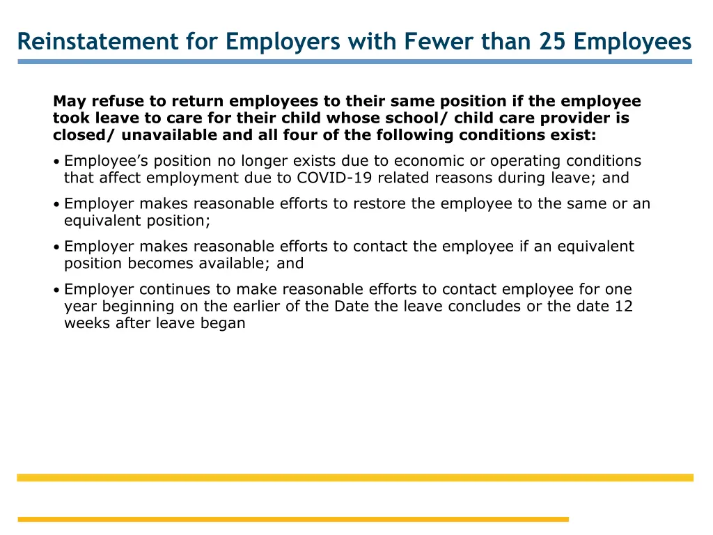 reinstatement for employers with fewer than