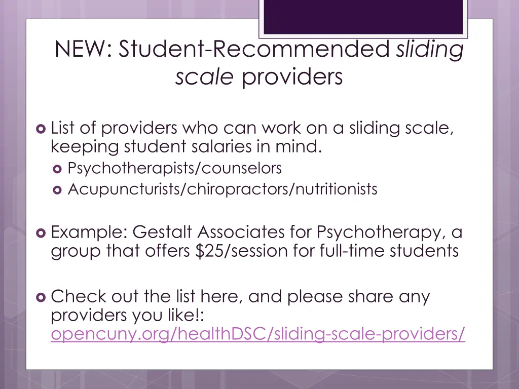 new student recommended sliding scale providers