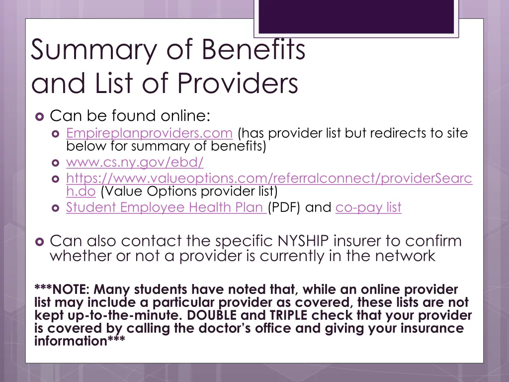 summary of benefits and list of providers