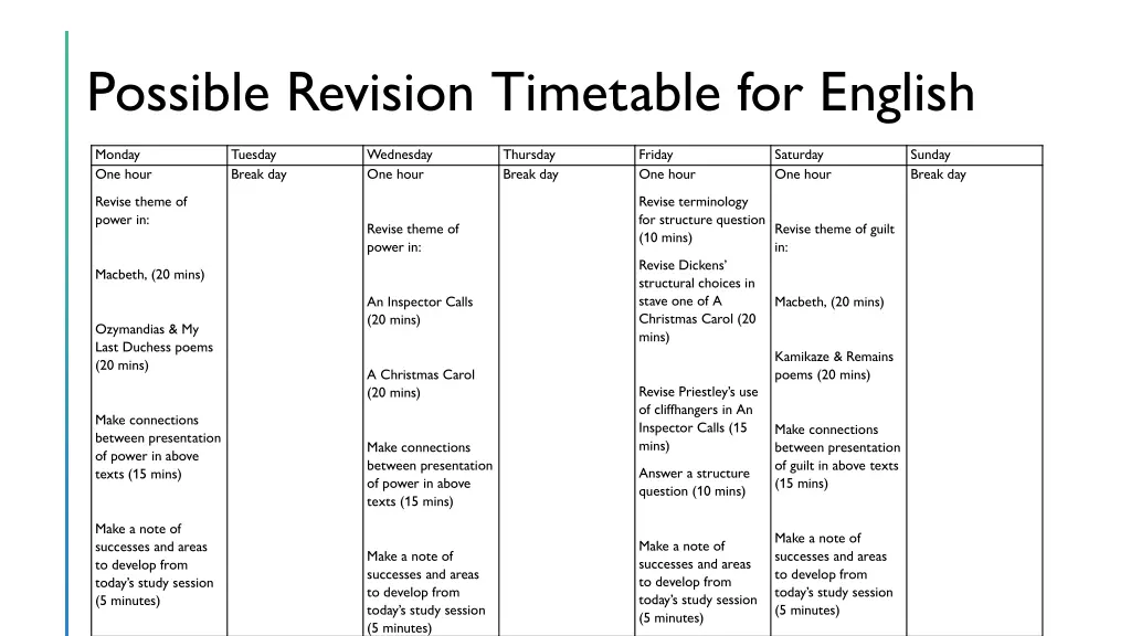 possible revision timetable for english