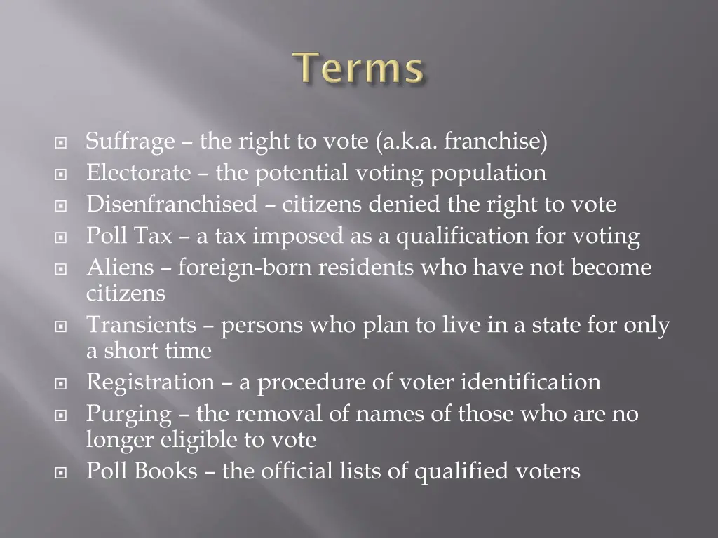 suffrage the right to vote a k a franchise