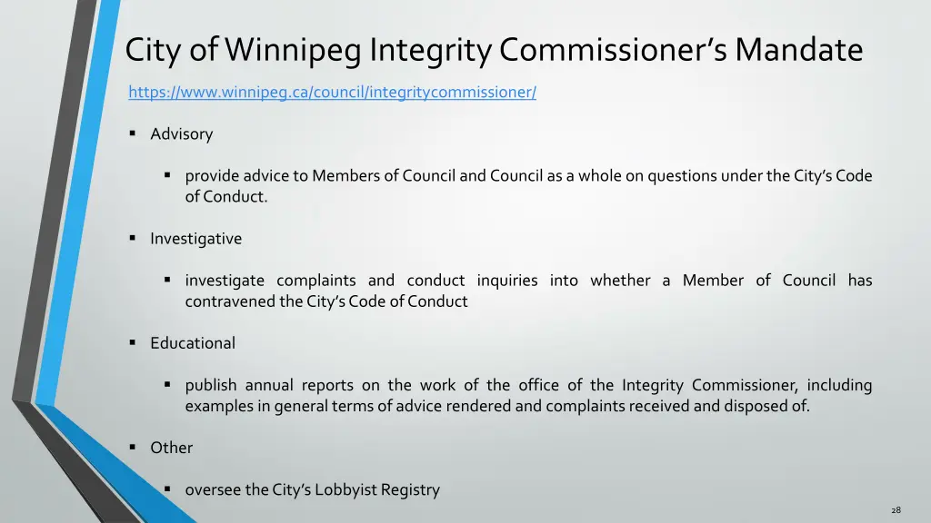 city of winnipeg integrity commissioner s mandate