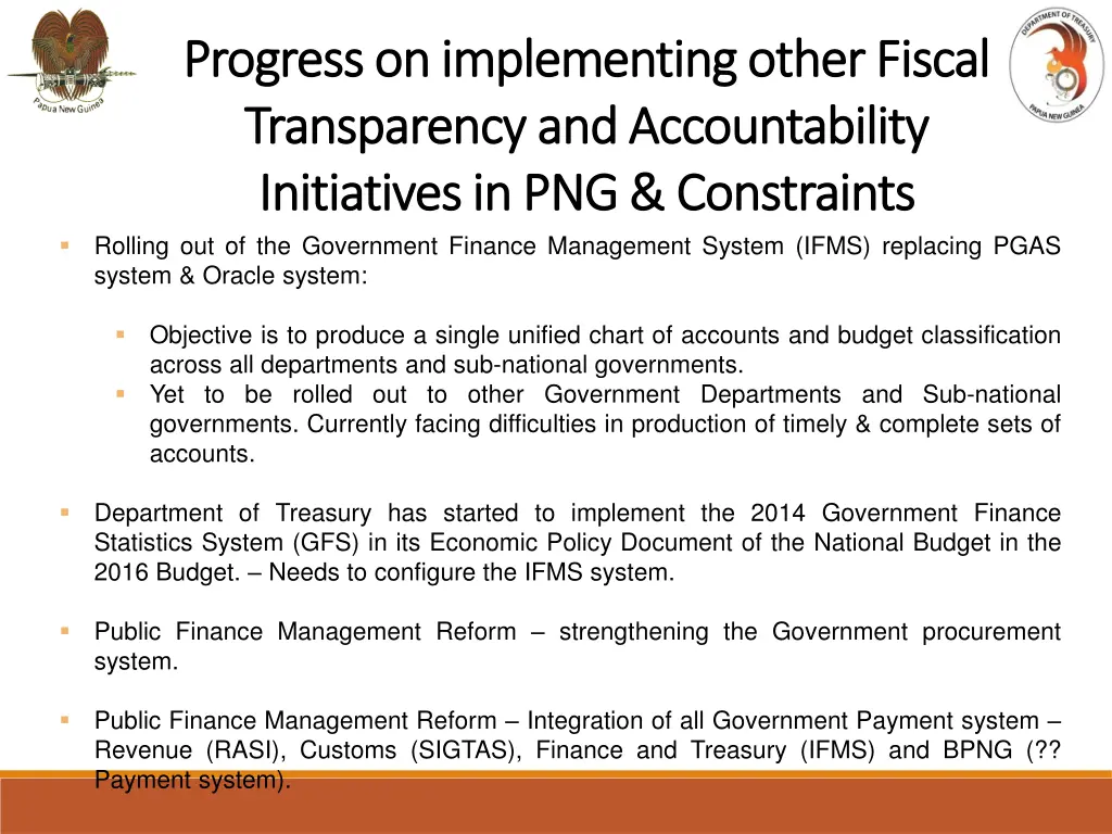 progress on implementing other fiscal progress