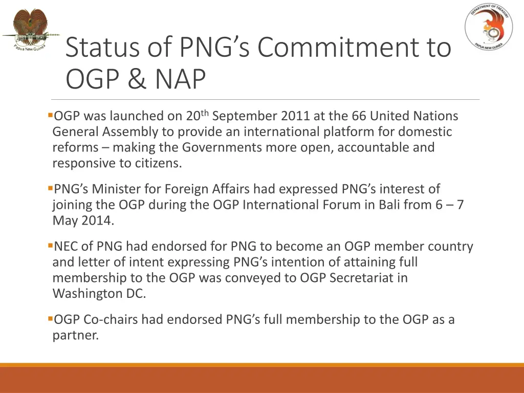 status of png s commitment to ogp nap