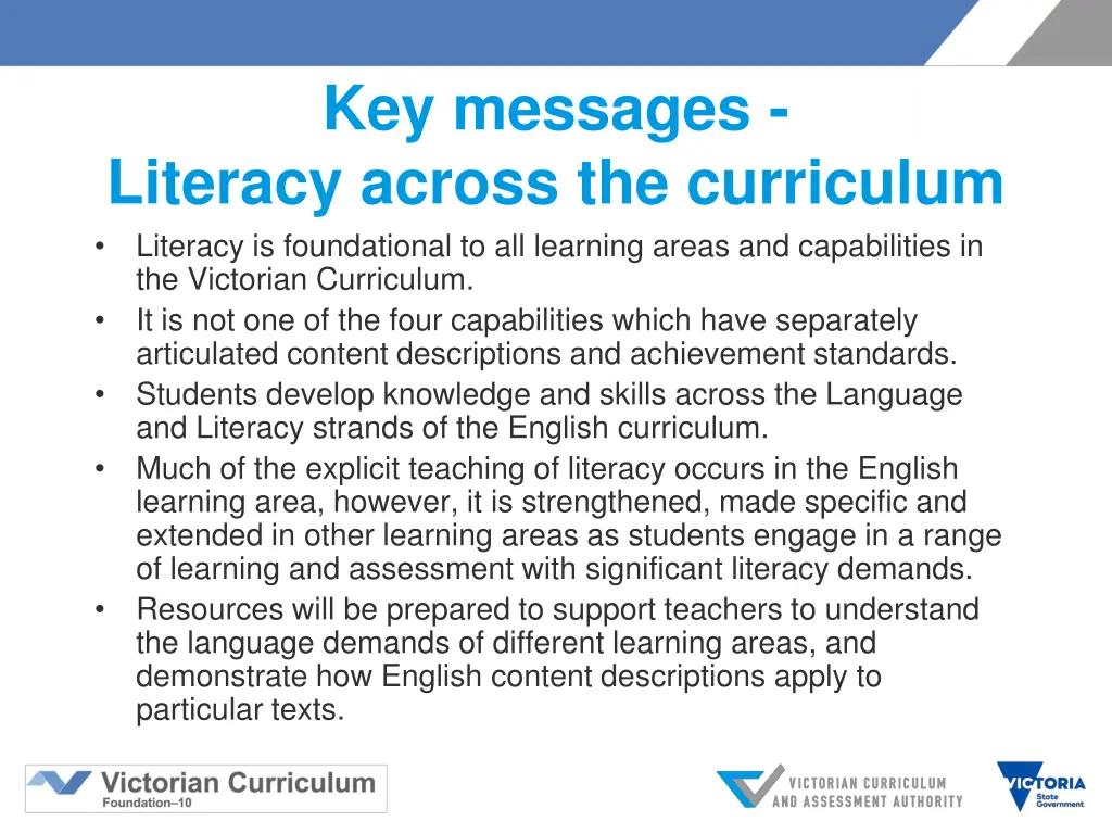 key messages literacy across the curriculum