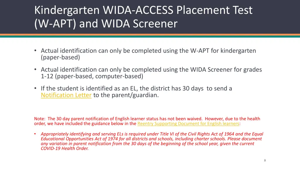 kindergarten wida access placement test