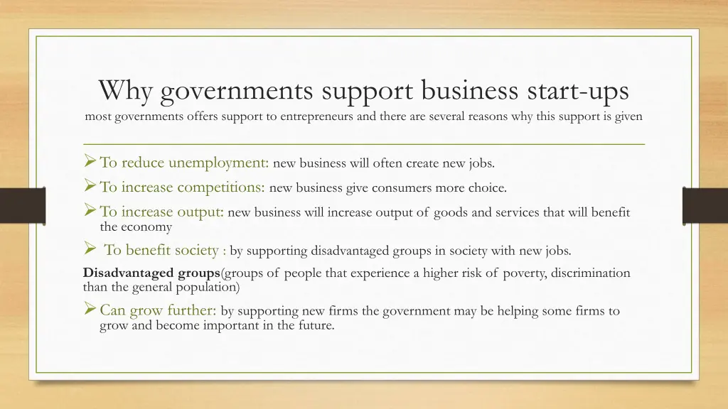 why governments support business start ups most