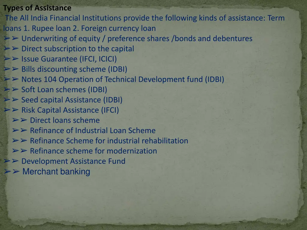 types of assistance the all india financial