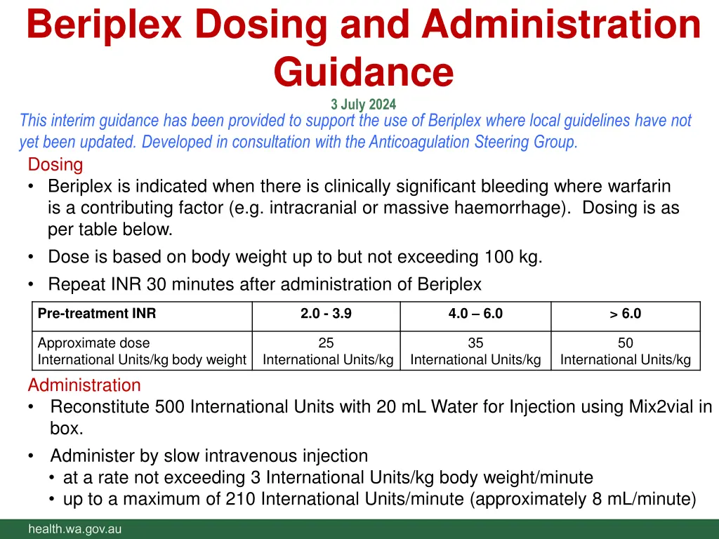 beriplex dosing and administration guidance