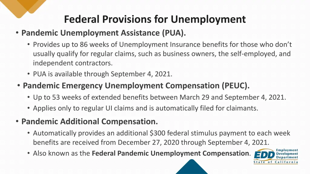 federal provisions for unemployment pandemic