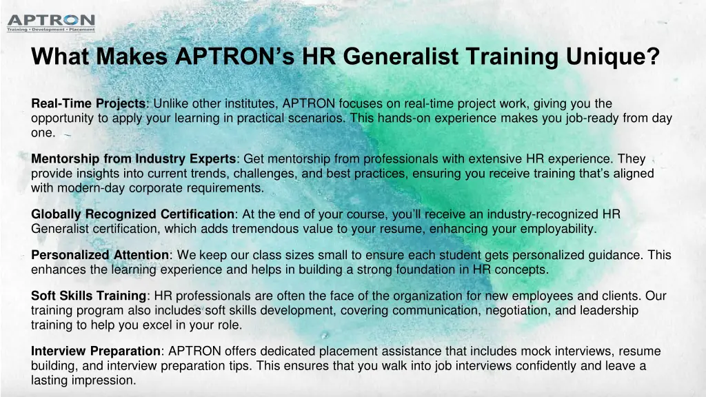 what makes aptron s hr generalist training unique