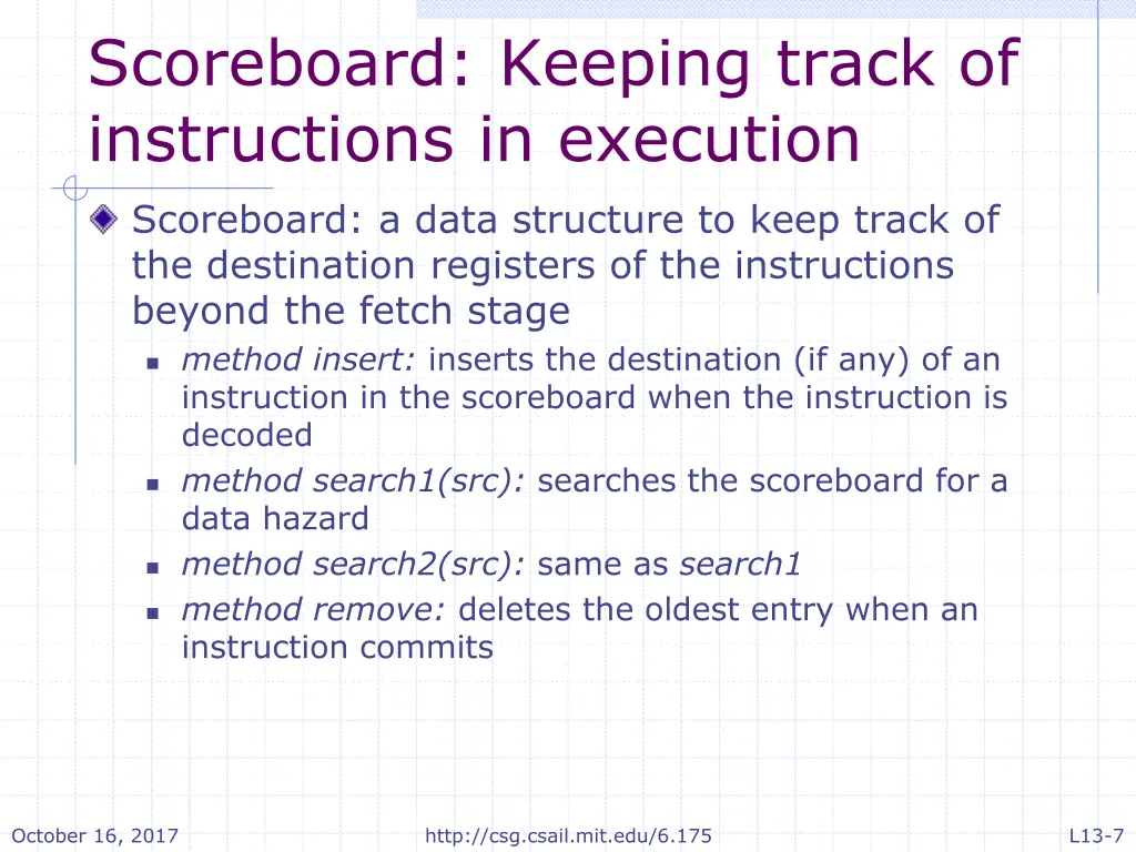 scoreboard keeping track of instructions