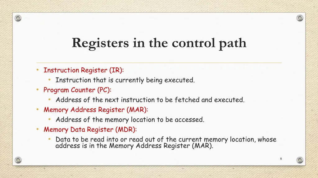 registers in the control path