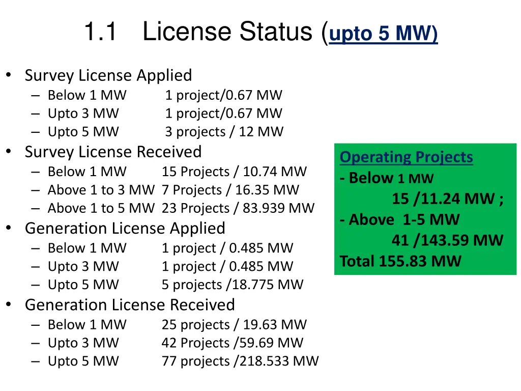 1 1 license status upto 5 mw