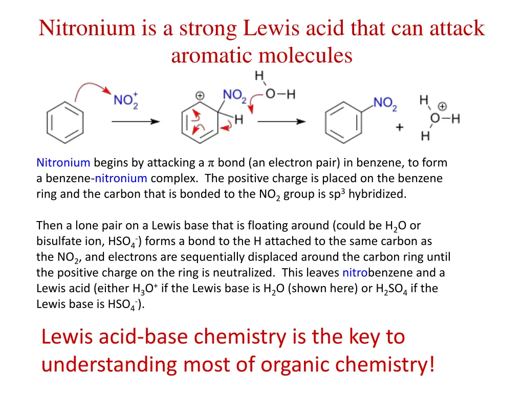 nitronium is a strong lewis acid that can attack