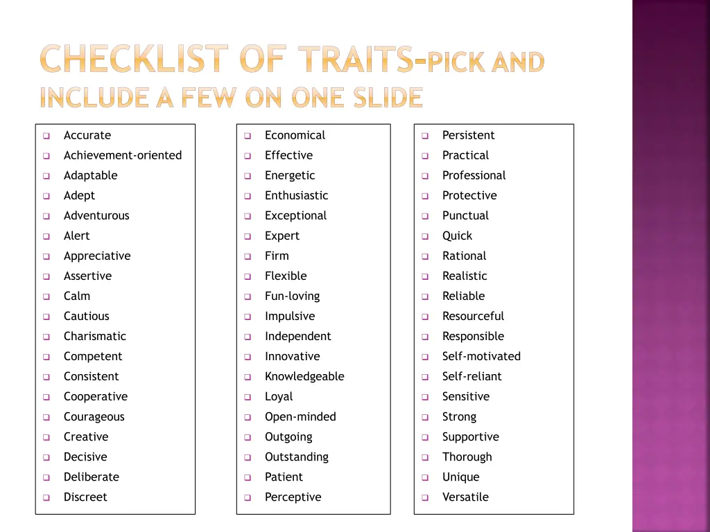 checklist of traits pick and include