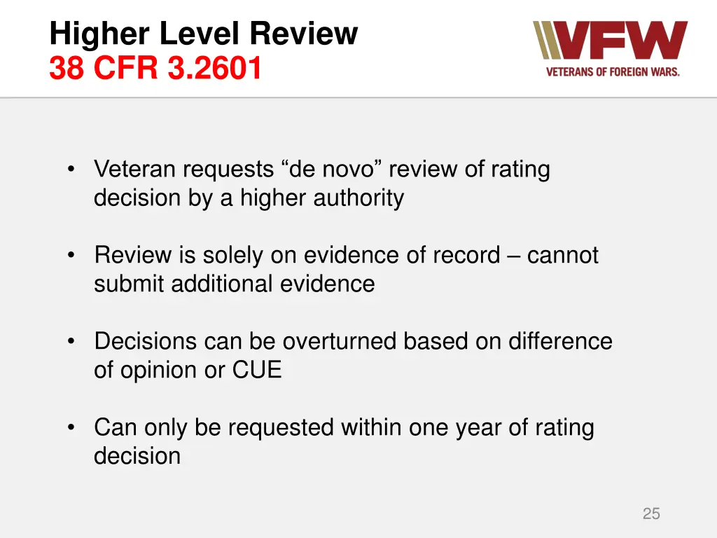 higher level review 38 cfr 3 2601